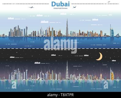 Dubai City skyline à jour et nuit vector illustration Illustration de Vecteur