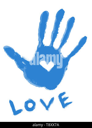 Handprint bleu avec symbole d'amour et de ''love'' word Banque D'Images