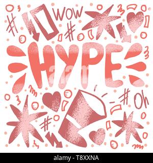 Lettrage manuscrit Hype avec décoration. Modèle vectoriel de l'affiche avec word et tendance des symboles. Illustration couleur. Illustration de Vecteur