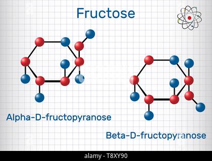 Le fructose, alpha-D-fructopyranose, bêta-D-fructopyranose molécule. La forme cyclique. Formule chimique structurale et molécule modèle. Feuille de papier dans une cag Illustration de Vecteur