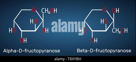 Le fructose, alpha-D-fructopyranose, bêta-D-fructopyranose molécule. La forme cyclique. Formule chimique structurel sur le fond bleu foncé. Vector illustr Illustration de Vecteur