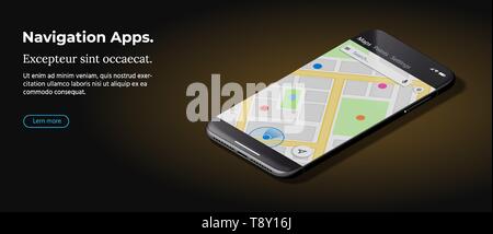 Smart Phone noir moderne se trouve sur une surface lisse brun foncé. Illustration de Vecteur