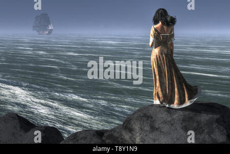 Une femme aux cheveux noirs se dresse au sommet d'une falaise de vent face à la mer. Au loin, un navire à voiles. Banque D'Images