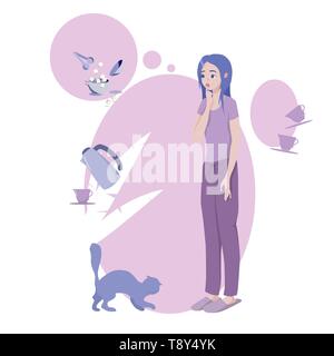 Jolie fille en pyjama décide de mettre le sucre dans le café du matin. Personnage dans un style plat. Vector illustration Illustration de Vecteur