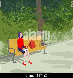 Jeune fille sur un banc de parc s'appuie sur un ordinateur tablette. Arbres, buissons et herbe verte sur l'allée dans le jardin. Vector illustration Illustration de Vecteur