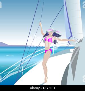 Jeune fille sur un bateau naviguant sur la mer. Bannière touristique. Vector illustration Illustration de Vecteur