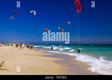 (TARIFA COSTA DE LA LUZ, PLAYA DE BOLONIA), ESPAGNE - juin, 18. 2016 : kite surfeurs sur la plage en Espagne Banque D'Images