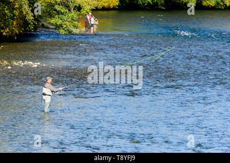 Les hommes la pêche à la mouche sur la rivière Puntledge à Courtenay, Colombie-Britannique, Canada Banque D'Images