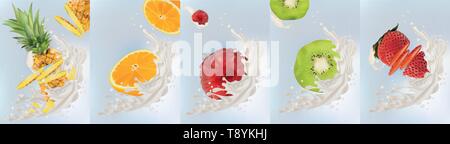 Kiwi fruits réalistes, orange, ananas, framboise, fraise avec éclaboussures de lait de près. Illustration 3D de vecteur. Mettre le lait et les fruits éclaboussé Illustration de Vecteur