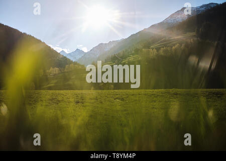 Coucher de soleil sur les montagnes et le vert prairie en Austira Banque D'Images