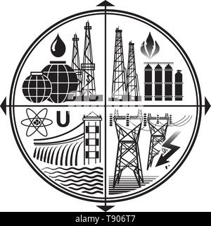 Les ressources de l'Énergie : pétrole, gaz, électricité, nucléaire et hydraulique. Emblème de l'industrie de l'extraction d'énergie fossile Carburant & Technologies. Illustration de Vecteur