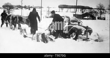 Après avoir glissé d'une route couverte de neige en Suisse dans un fossé, le Sunbeam Talbot voiture conduite par le pilote de course Britannique Stirling Moss est tiré à la verticale par des bœufs. Moss conduisait de Paris à Monte Carlo pour prendre part à la voiture rallye. Cet incident a causé près de Moss pour manquer le début de l'événement. Banque D'Images