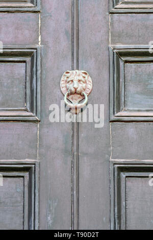 Vieille porte avant vert de maison victorienne, dans état de délabrement avec peinture qui s'écaille et laiton terni heurtoir lion, lettre fort, bouton et trou de serrure. Banque D'Images