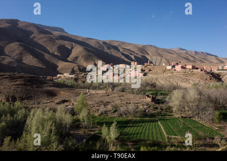 Vue sur un village de montagne dans la région de gorges du Dadès, Atlas, Maroc Banque D'Images