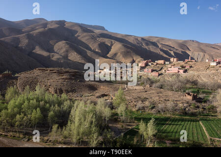 Vue sur un village de montagne dans la région de gorges du Dadès, Atlas, Maroc Banque D'Images