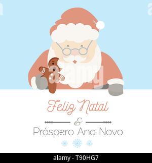 Santa Claus et le portugais message Feliz Natal et Prospero Ano Novo ; signifie joyeux Noël et Bonne Année. Vecteur de Noël. Illustration de Vecteur