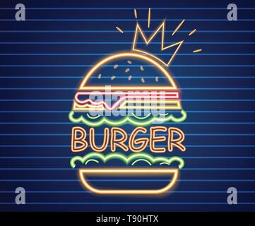Burger king néon poster Vector. Signe éclatant de lumière symbole de la restauration rapide de panneaux. L'élément de menu Cafe Illustration de Vecteur