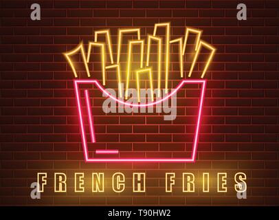 Frites néon. poster Vector Signe rougeoyant dark city l'arrière-plan. La lumière symbole de la restauration rapide de panneaux. L'élément de menu Cafe Illustration de Vecteur