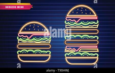 Burgers au néon différentes tailles Vector poster. Fastfood rougeoyante lumière symbole de panneaux. Cafe menu template Illustration de Vecteur