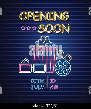 Ouverture du cinéma en néon vecteur. Panneau lumineux fond sombre. Festival film modèles Shinning symbol Illustration de Vecteur