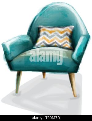 Fauteuil retro bleu aquarelle vecteur. Décoration design mobilier vintage Illustration de Vecteur