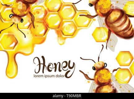Et en nid d'abeilles aquarelle vecteur modèle. fond blanc Illustration de Vecteur