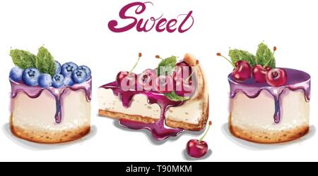 Des gâteaux sucrés vecteur. aquarelle de délicieux desserts aux fruits topings. cherry et saveur de bleuets Illustration de Vecteur