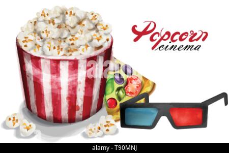 Popcorn et cinéma vecteur verres aquarelle. film concept poster Illustration de Vecteur