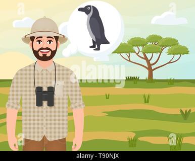 Homme heureux à Cork hat, chasseur animal pense de manchot du paysage, safari, acacia parasol, campagnes africaines, vector illustration Illustration de Vecteur