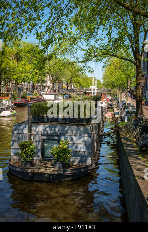 La lumière du soleil pommelé tombe sur une péniche à Amsterdam avec un jardin terrasse sur le toit. Banque D'Images