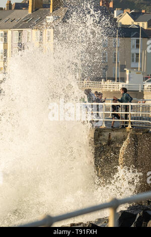 Pays de Galles Aberystwyth UK, le mercredi 15 mai 2019 UK Weather : un groupe de scouts obtenir éclaboussé par les vagues à Aberystwyth, sur un lumineux, ensoleillé et très chaud en soirée peut, comme le sort de la haute pression continue à dominer la météo au Royaume-Uni Crédit photo : Keith morris/Alamy Live News Banque D'Images