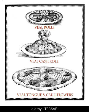 Cuisine du passé, le noir et blanc collage de gravures décrivant la présentation de table de spécialités de veau : paupiettes de veau en cocotte, et de la langue avec le chou-fleur Banque D'Images