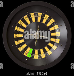 Un gros plan d'une roue de roulette noir ordinaire avec marqueurs jaune et noir et d'or sur un fond isolé détails - 3D render Banque D'Images