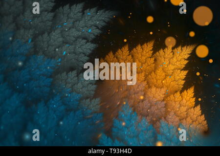Fond d'art fractal abstrait avec feuilles orange et bleues et bokeh sur fond sombre. Superbe fractale pour un design graphique créatif Banque D'Images