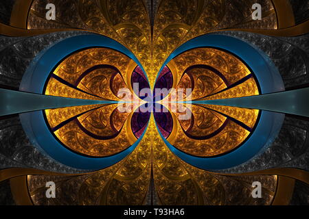 Illustration de l'art fractal abstrait. Ornement géométrique doré et bleu fleuri. Belle illustration fractale pour un design graphique créatif Banque D'Images