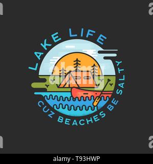 Logo Lake Life. Style dynamique liquide moderne. Badge aventure voyage avec citation - les plages de cuz sont salées. Étiquette d'insigne de camping drôle pour Illustration de Vecteur