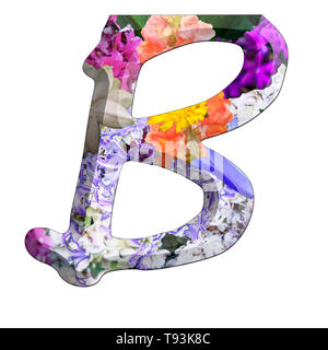 Le Capitole Lettre B Partie d'un ensemble de lettres, chiffres et symboles de l'alphabet en 3D faites avec des images de fleurs colorées sur fond blanc Banque D'Images