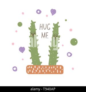 Happy Valentines Day modèle de carte de vœux. Lettres manuscrites Hug moi avec mignon cactus. Vector illustration. Illustration de Vecteur