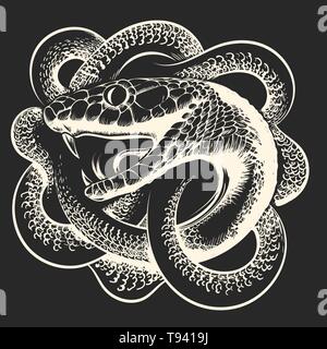 Serpent enroulé avec la bouche ouverte sur fond noir. Vector illustration. Illustration de Vecteur