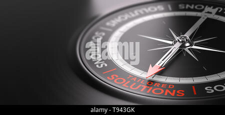 3D illustration d'un compas sur fond noir avec le texte des solutions écrites en rouge. Services sur-mesure concept. Banque D'Images