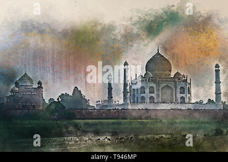 L'aquarelle de Taj Mahal scenic coucher du soleil à Agra, en Inde. Banque D'Images