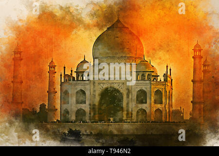 L'aquarelle de Taj Mahal scenic coucher du soleil à Agra, en Inde. Banque D'Images