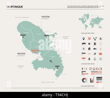 Carte vectorielle de la Martinique. Carte pays avec la division, les villes et les capitaux Fort-de-France. Une carte politique, carte du monde, les éléments de l'infographie. Illustration de Vecteur
