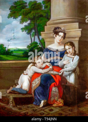 Louise de Saxe-Gotha-Altenburg, (1800-1831), duchesse de Saxe-Coburg et Gotha, avec ses enfants, Albert, (1819-1861), futur mari de la reine Victoria, et Ernest, (1818-1893), futur duc de Saxe-Coburg et Gotha, portrait de famille de Ludwig Döll, vers 1823 Banque D'Images