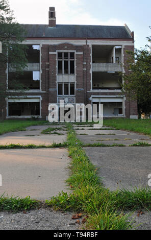 Un sentier envahi par la conduit à un abandon de l'école publique à Detroit, Michigan. Toutes les portes et fenêtres du bâtiment ont été brisées ou supprimée. Banque D'Images