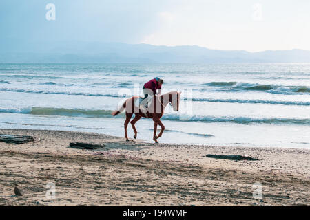 Ayia Eirini, Chypre - 24 mars, 2019 : Man riding marron sur un cheval au galop sur la plage d'Ayia Erini à Chypre contre une mer rugueuse Banque D'Images