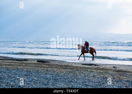 Ayia Eirini, Chypre - 24 mars, 2019 : Man riding marron sur un cheval au galop dans les eaux de mer de la plage de Ayia Erini à Chypre contre une mer rugueuse Banque D'Images