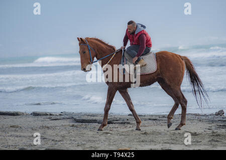 Ayia Eirini, Chypre - 24 mars, 2019 : Man riding marron sur un cheval au galop sur la plage d'Ayia Erini à Chypre contre une mer rugueuse Banque D'Images