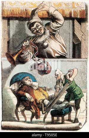 Un 18e siècle quack 'De Wonderdokter" néerlandaise avec Fop, texte illustré par Hermann Van der Moolen. "D'meesterstuk « t'aar deed ik 't Welk braaf wat opzien zaakde,gaf Ik een heer, die 't pootje avait. Fiksch neenen in zijn af. Alzoo genees ik. Plus de mij een nimmer Klaagt patient ; ben ik, de wonderdokter Fop, Dan geen geleerde évent ?' (mais le plus grand chef-d j'ai fait. Ce qu'un bon regard, je faisais un seigneur qui avait la même. Fiksch le long de son nez. Alzoo, je guéris. Banque D'Images