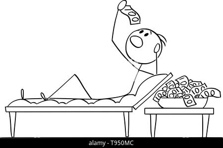 Vector cartoon stick figure dessin illustration conceptuelle de l'homme riche ou businessman lying on couch dans lucullan ou romain et manger de style billets ou l'argent comptant. Illustration de Vecteur